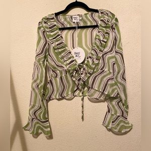 Green retro tie front top. Size 4. New w/tag